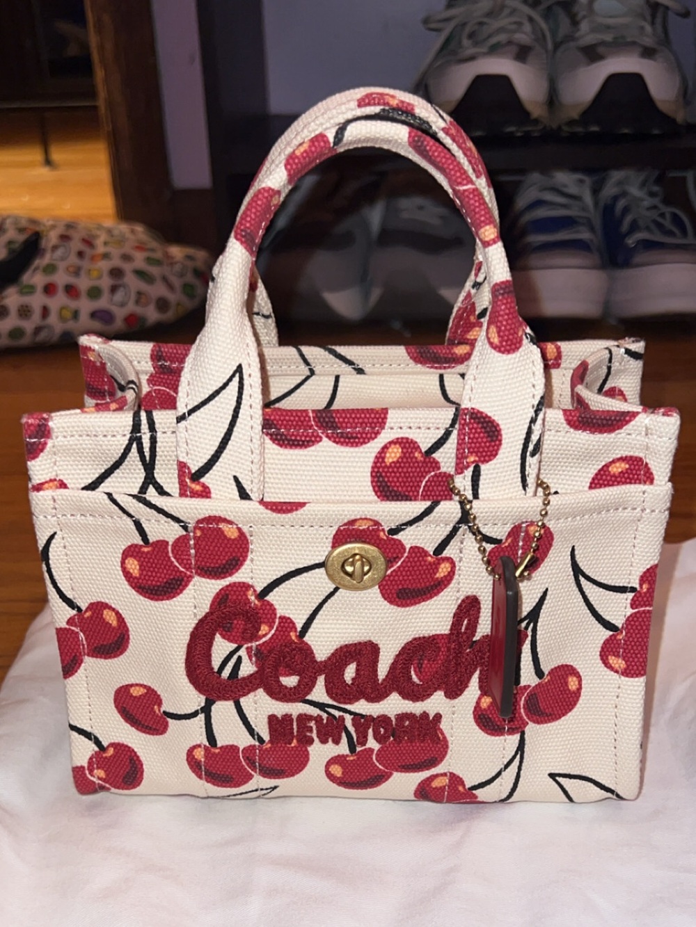 Coach Cherry-Print Canvas Mini Tote - Red on Cream